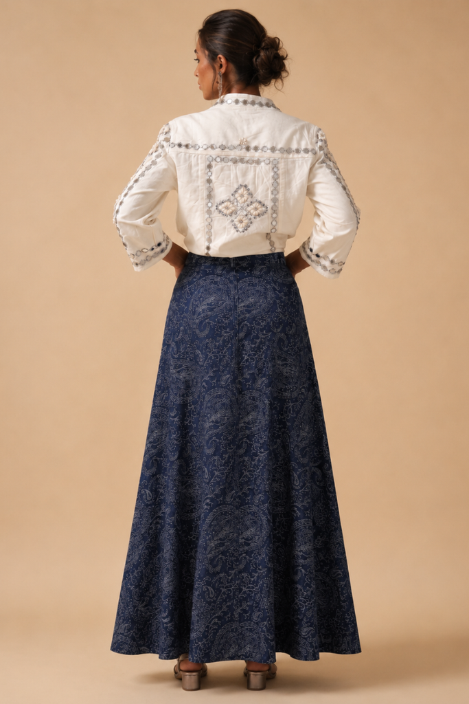 FALDA MAXI DENIM FLOWERS AZUL