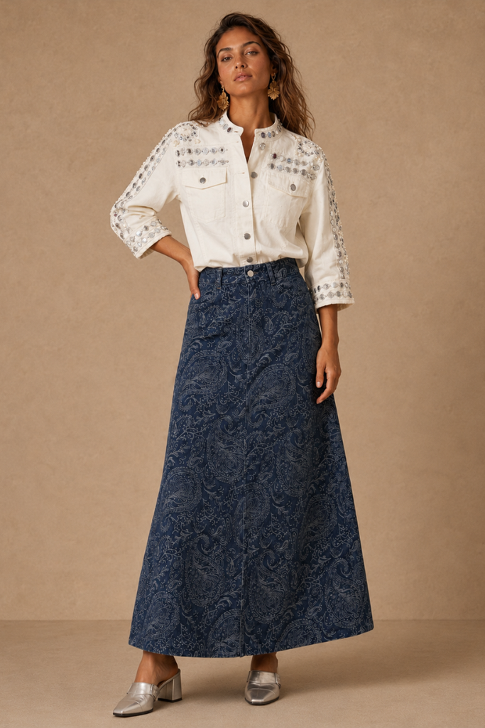FALDA MAXI DENIM FLOWERS AZUL