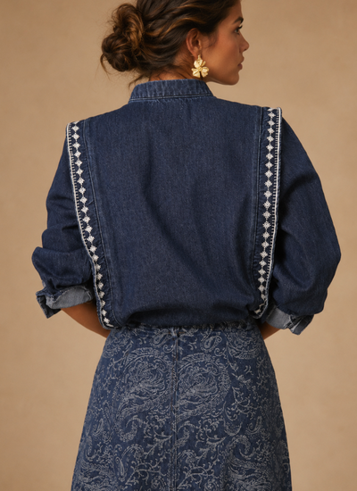 FALDA MAXI DENIM FLOWERS AZUL
