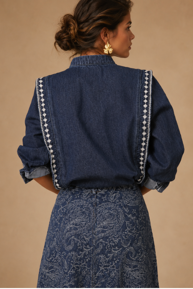 FALDA MAXI DENIM FLOWERS AZUL