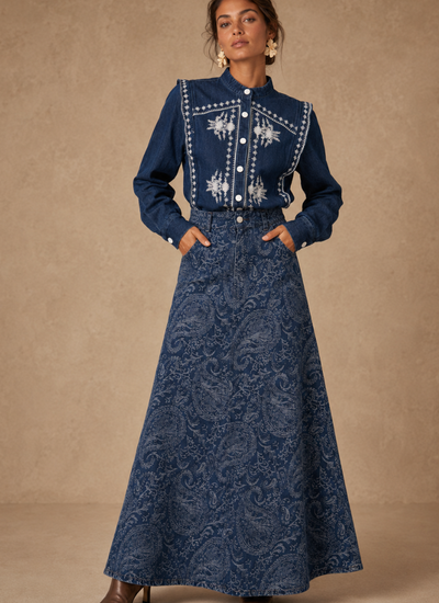 FALDA MAXI DENIM FLOWERS AZUL