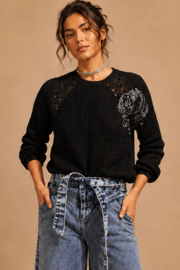 SWEATER FLOWERS NEGRO