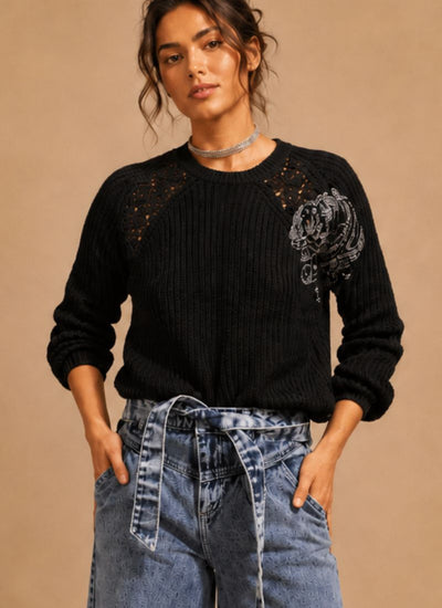 SWEATER FLOWERS NEGRO