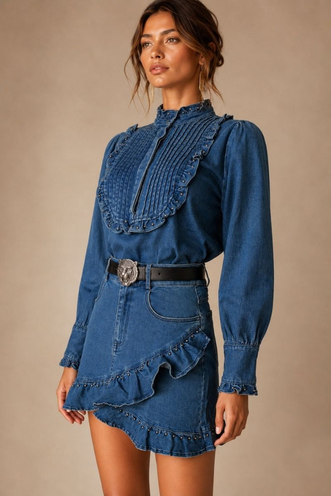FALDA MINI RUFFLE DENIM AZUL