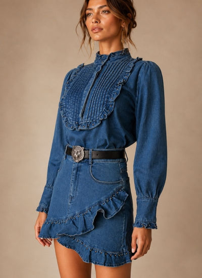 FALDA MINI RUFFLE DENIM AZUL