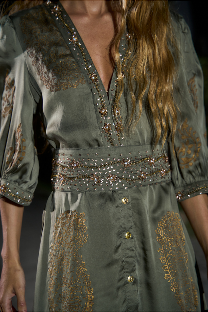 VESTIDO MAXI VALENTINA STAR OLIVE