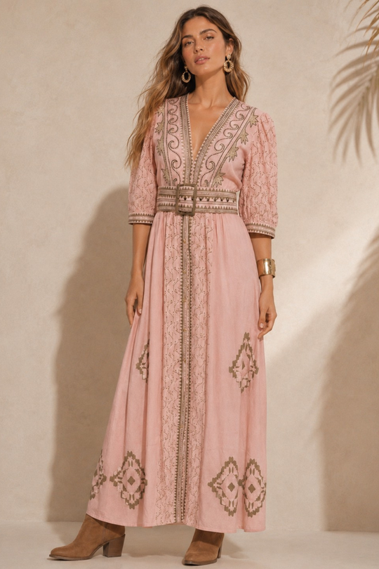 VESTIDO MAXI VALENTINA COTTON ROSADO