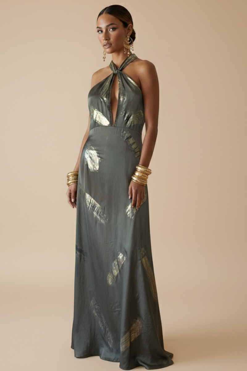 VESTIDO MAXI ANAMIKA OLIVE GOLD