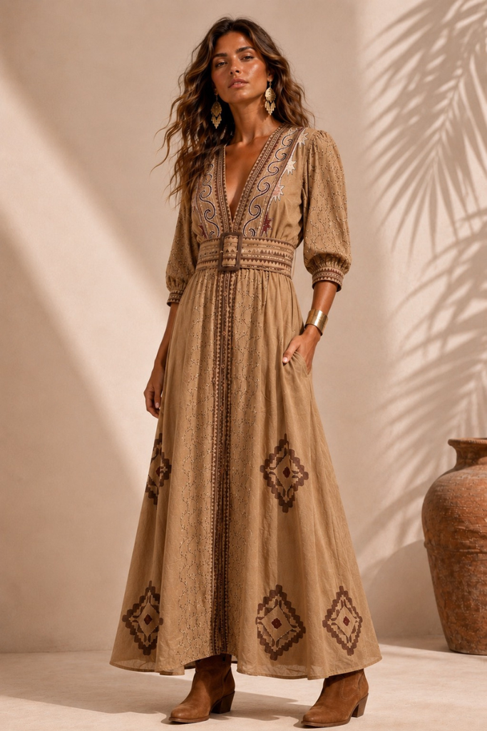 VESTIDO MAXI VALENTINA COTTON ANTIQUE GOLD