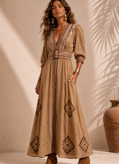 VESTIDO MAXI VALENTINA COTTON ANTIQUE GOLD