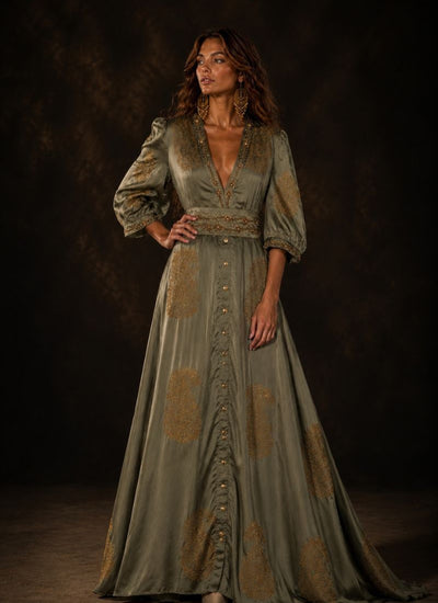 VESTIDO MAXI VALENTINA STAR OLIVE