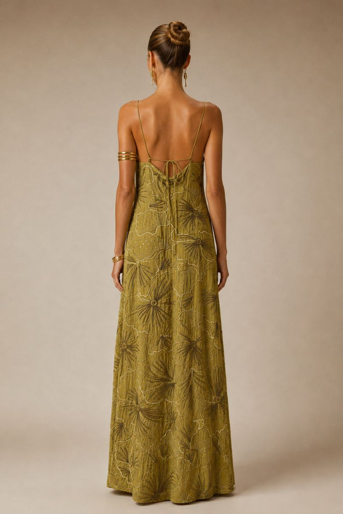 VESTIDO MAXI OLIVA TALLA XS
