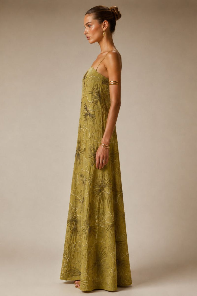 VESTIDO MAXI OLIVA TALLA XS