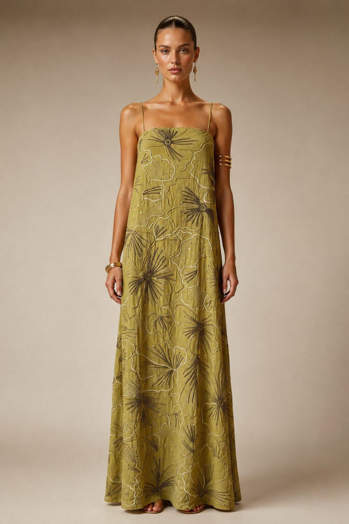 VESTIDO MAXI OLIVA TALLA XS