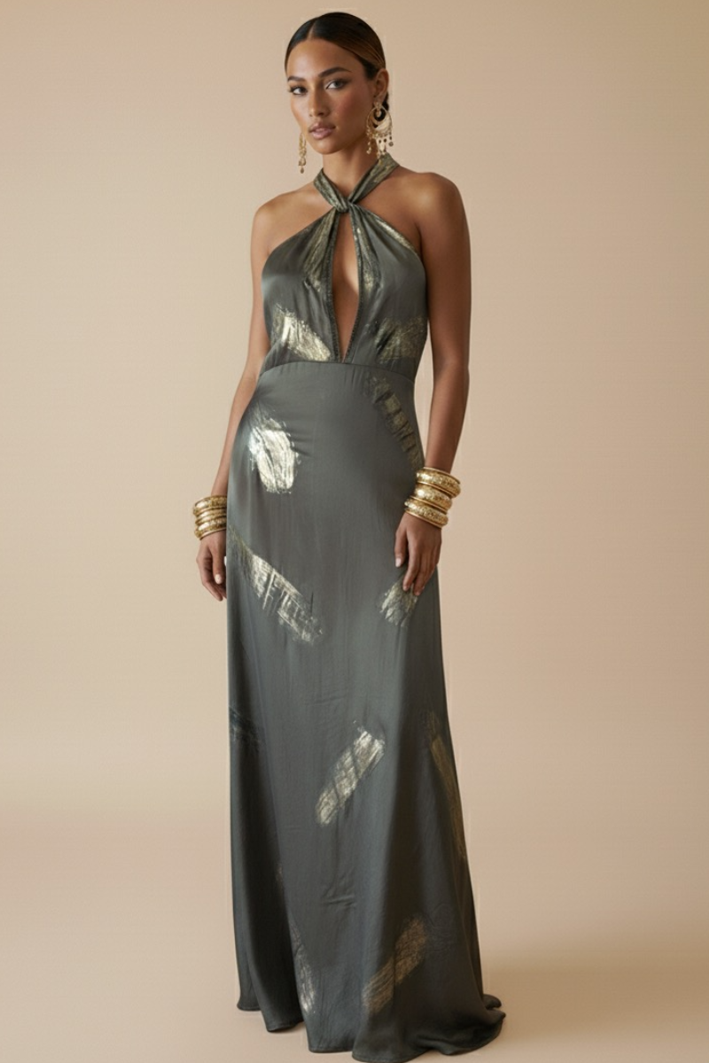 VESTIDO MAXI ANAMIKA OLIVE GOLD