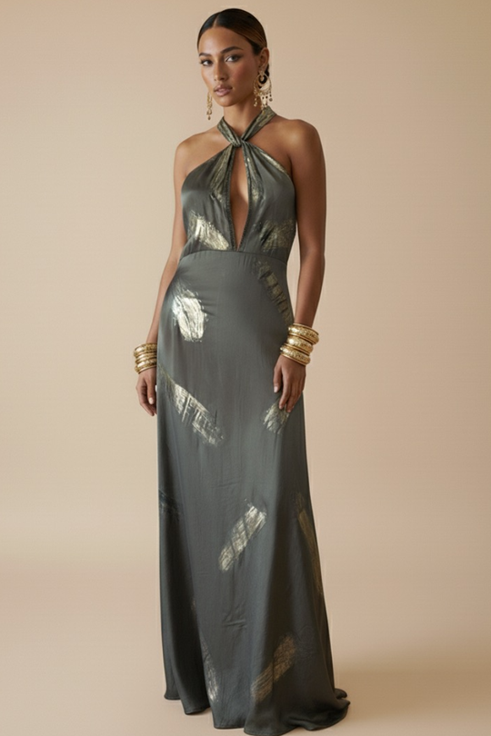 VESTIDO MAXI ANAMIKA OLIVE GOLD