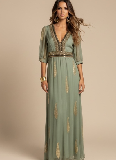 VESTIDO MAXI VALENTINA SWEET OIL GREEN