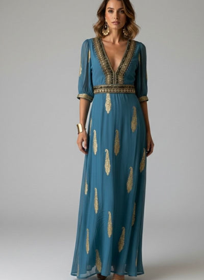 VESTIDO MAXI VALENTINA AZUL COLONIAL BLUE