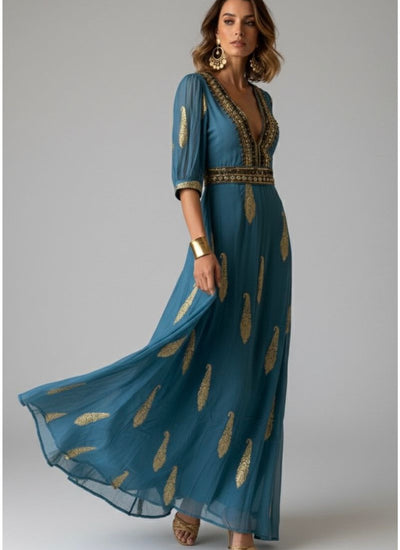 VESTIDO MAXI VALENTINA AZUL COLONIAL BLUE