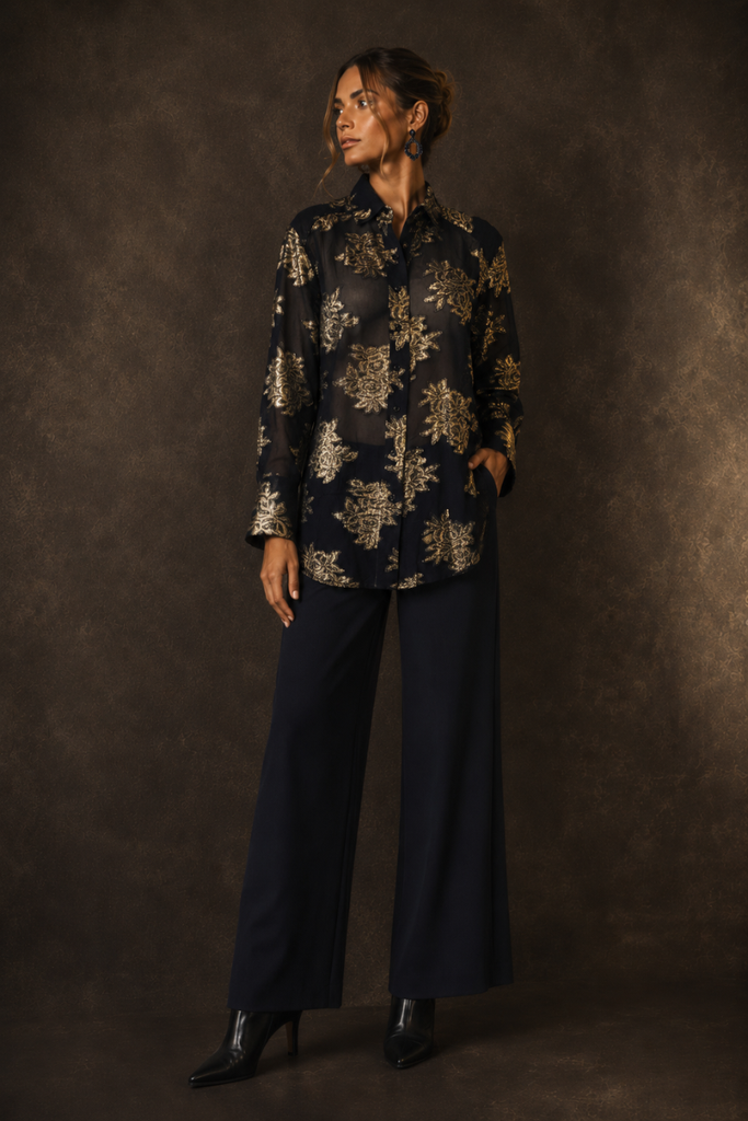 BLUSA LUREX NAVY GOLD